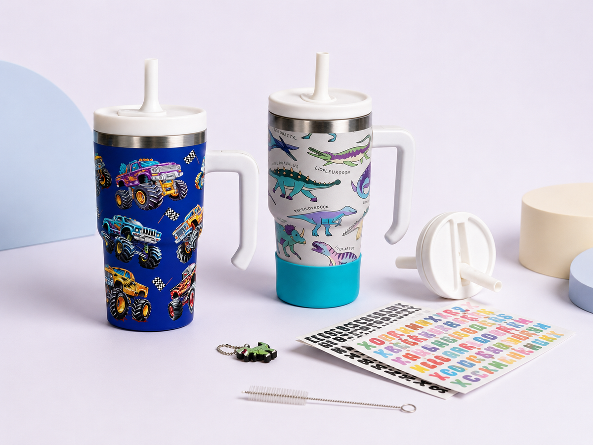 Two CrewCups with charms and silicone boots