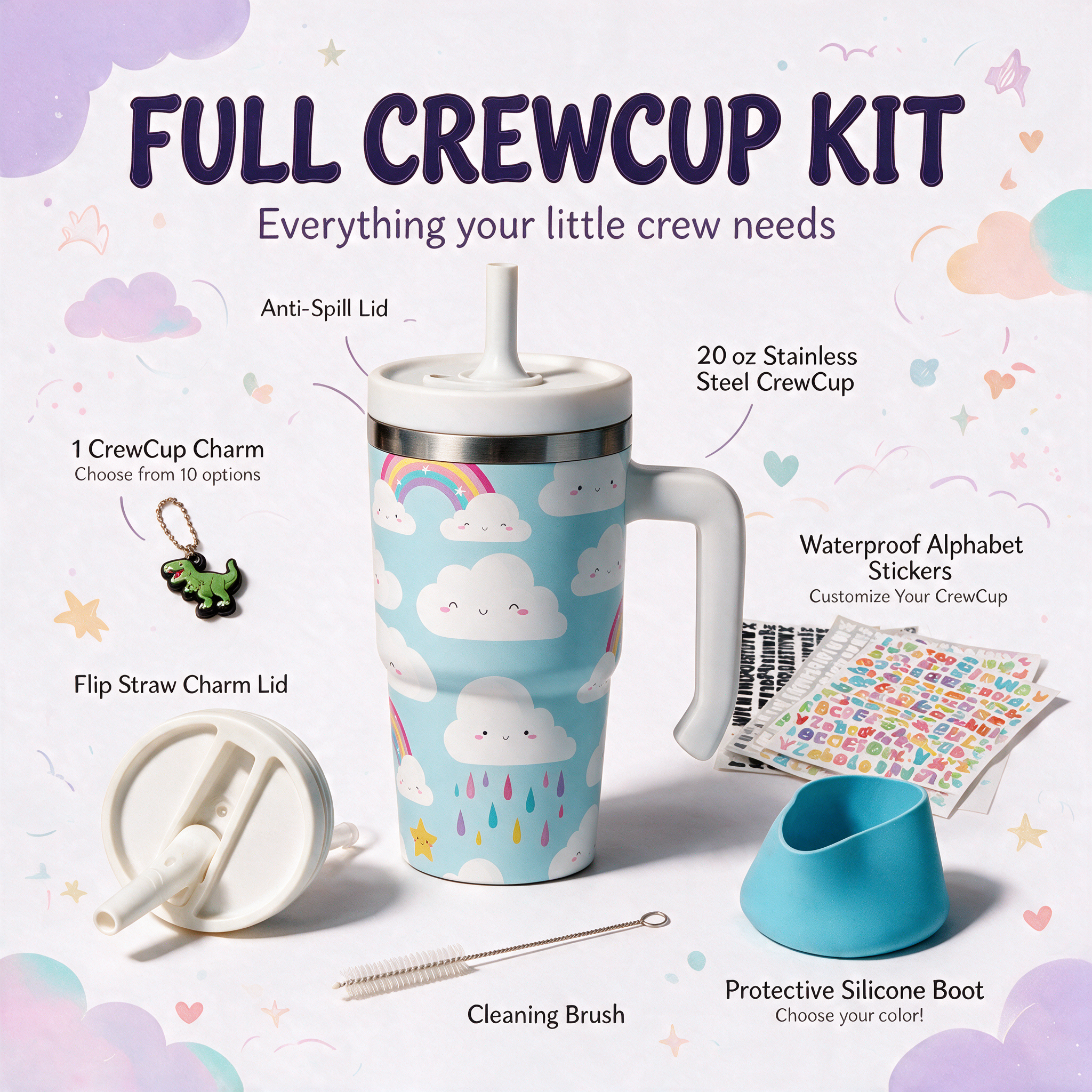 Cute Clouds Spill Proof Kids CREWCUP 20oz