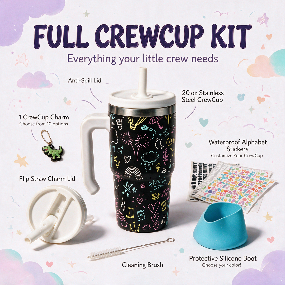 Chalkboard Doodles Spill Proof Kids CREWCUP 20oz