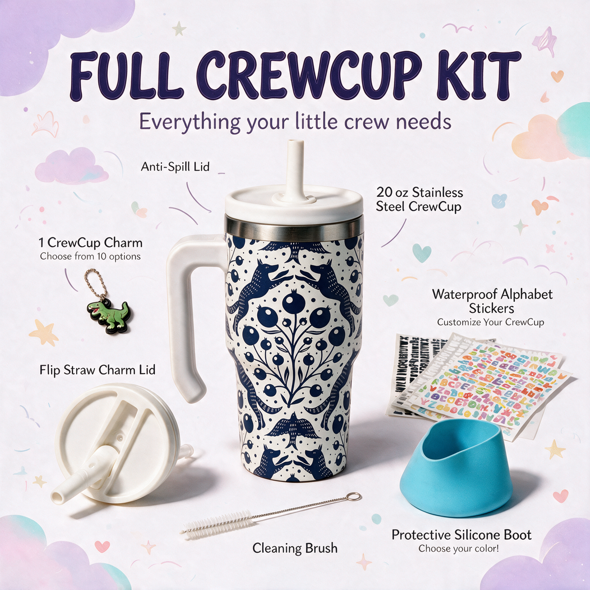 Folk Art Blue Spill Proof Kids CREWCUP 20oz