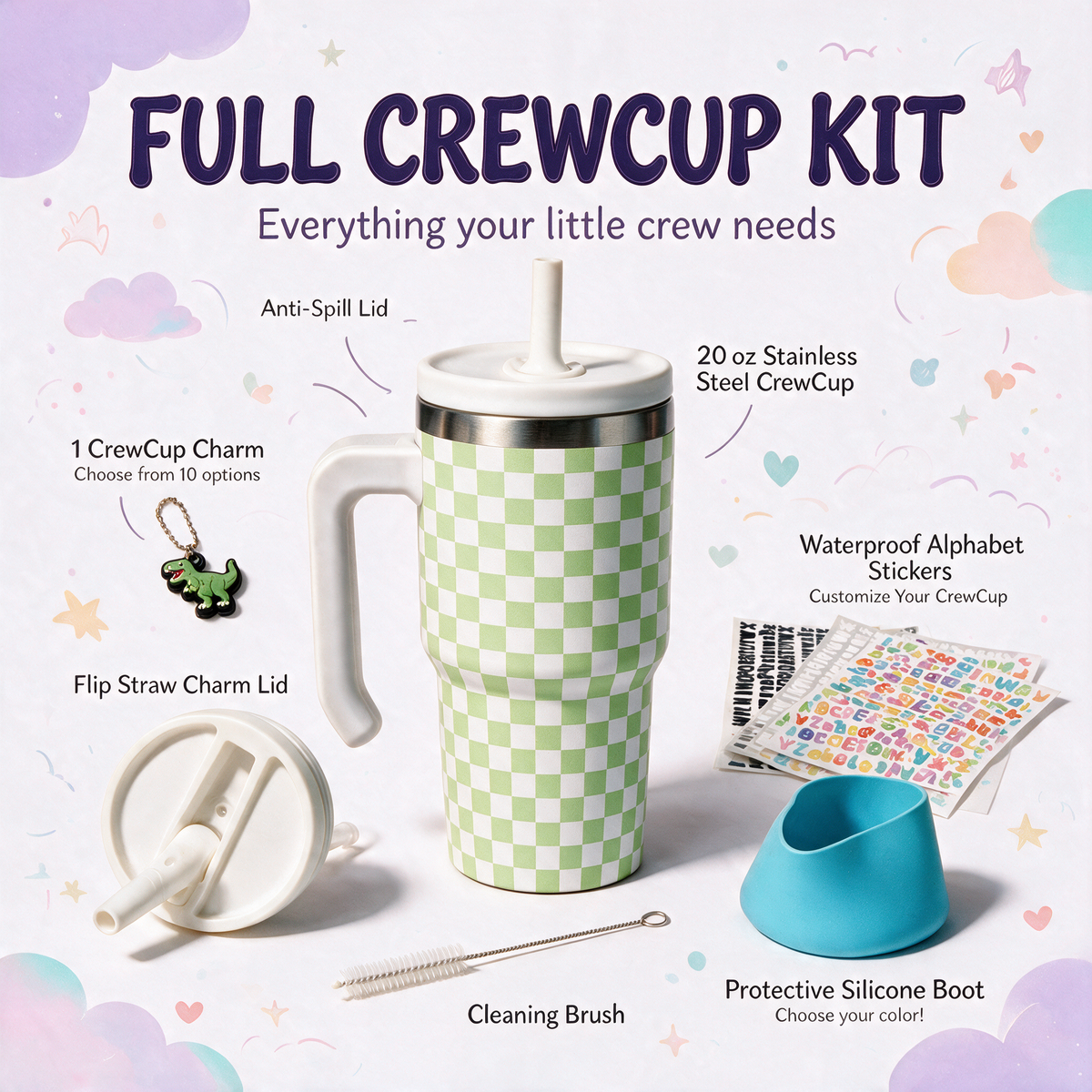 Checkered Green Spill Proof Kids CREWCUP 20oz