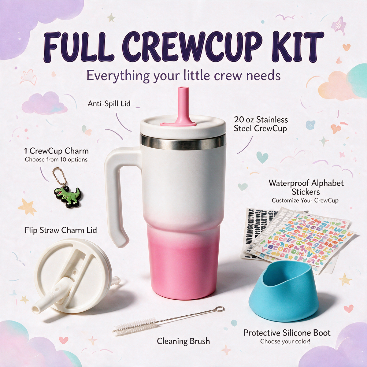 White Pink Gradient Spill Proof Kids CREWCUP 20oz